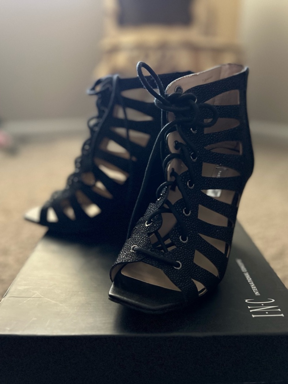 INC International Concepts Silviah Black Lace-Up Heel (7.5)